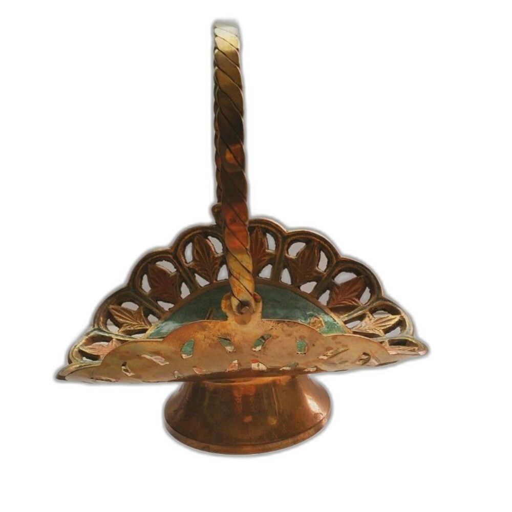 Vintage Brass Pedestal Basket Hand Painted Floral Cloisonne Style Handle India